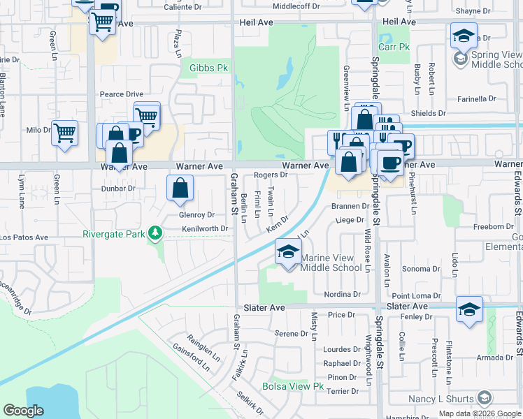 map of restaurants, bars, coffee shops, grocery stores, and more near 17152 Friml Lane in Huntington Beach