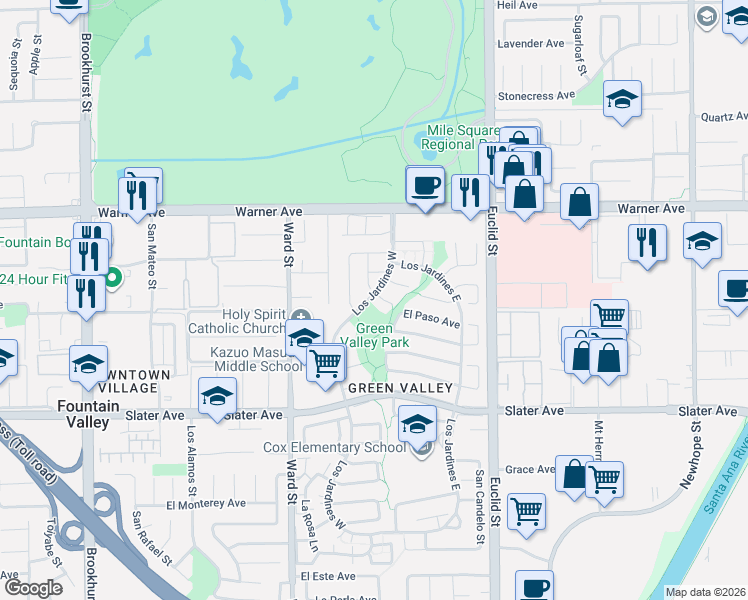 map of restaurants, bars, coffee shops, grocery stores, and more near 10724 El Rubi Circle in Fountain Valley