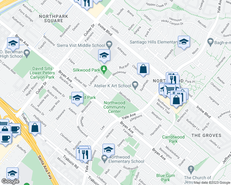 map of restaurants, bars, coffee shops, grocery stores, and more near 115 Monticello in Irvine