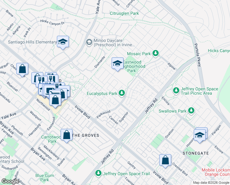 map of restaurants, bars, coffee shops, grocery stores, and more near 119 Alumroot in Irvine