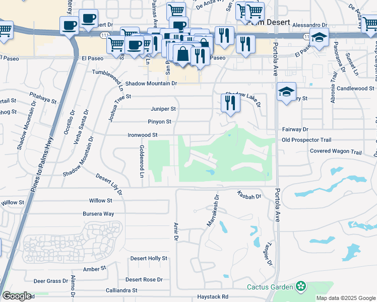 map of restaurants, bars, coffee shops, grocery stores, and more near 73611 Golf Course Lane in Palm Desert