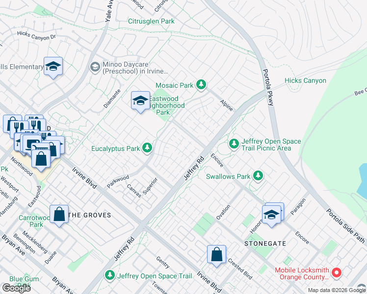 map of restaurants, bars, coffee shops, grocery stores, and more near 71 Tollson in Irvine