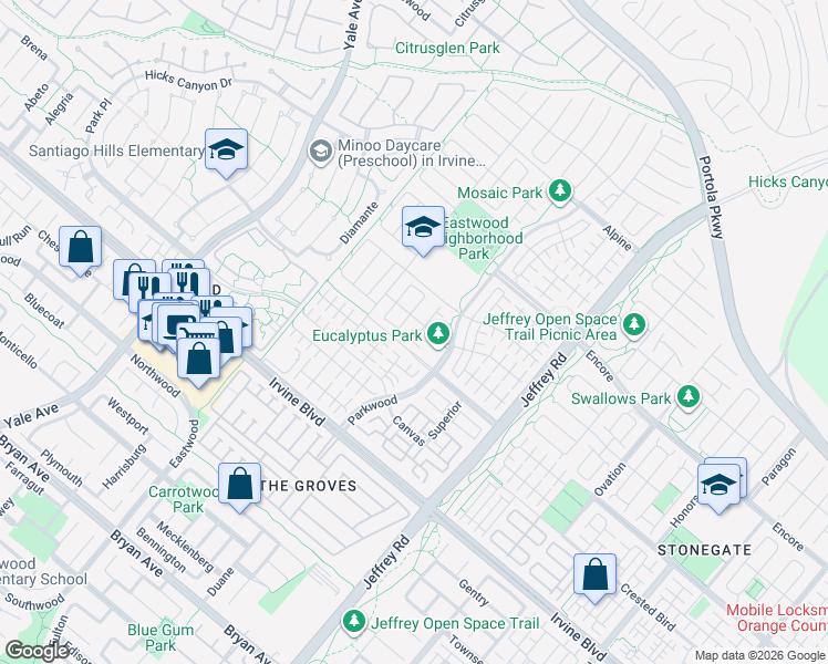 map of restaurants, bars, coffee shops, grocery stores, and more near 124 Alumroot in Irvine