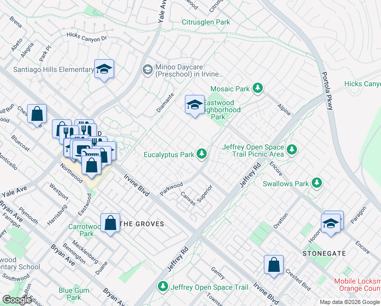 map of restaurants, bars, coffee shops, grocery stores, and more near 124 Alumroot in Irvine