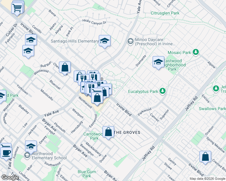 map of restaurants, bars, coffee shops, grocery stores, and more near in Irvine