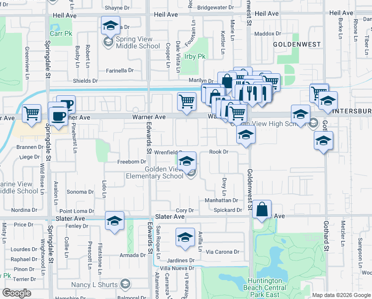 map of restaurants, bars, coffee shops, grocery stores, and more near 6612 Wrenfield Drive in Huntington Beach