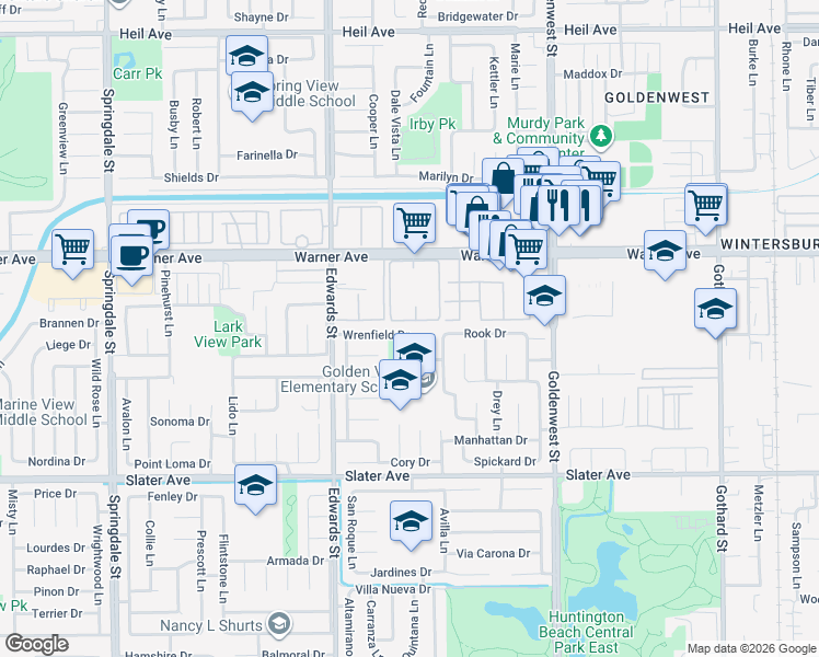 map of restaurants, bars, coffee shops, grocery stores, and more near 6612 Wrenfield Drive in Huntington Beach