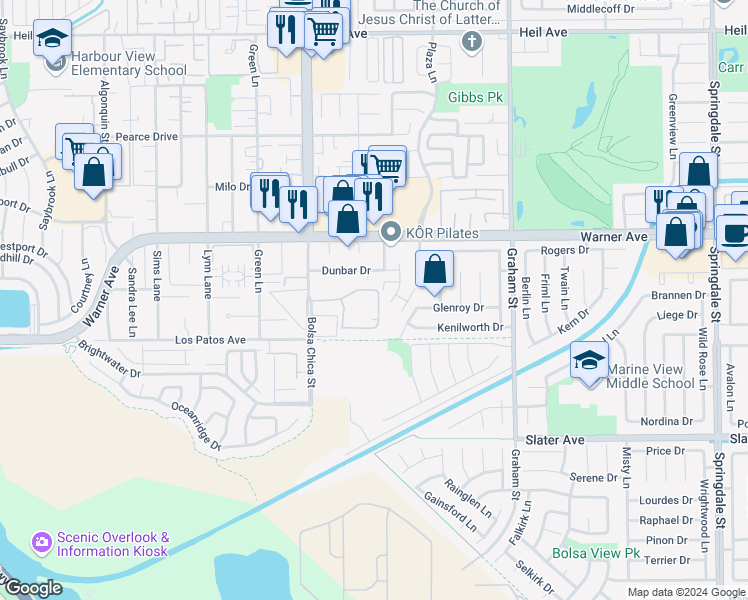 map of restaurants, bars, coffee shops, grocery stores, and more near 17202 Corbina Lane in Huntington Beach