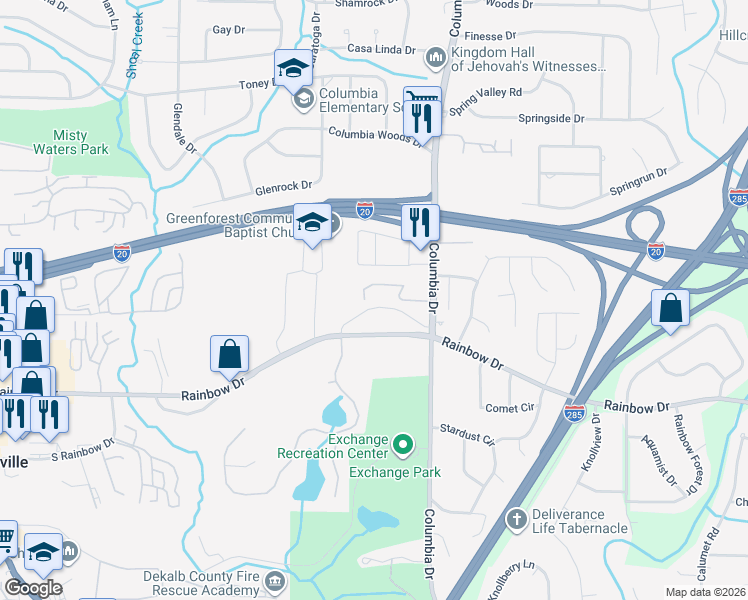 map of restaurants, bars, coffee shops, grocery stores, and more near 3300 Rainbow Drive in Decatur