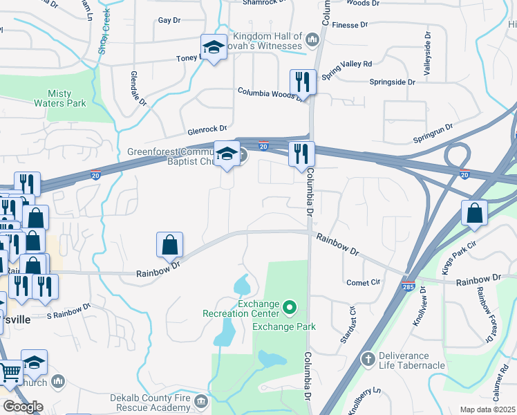 map of restaurants, bars, coffee shops, grocery stores, and more near 3237 Abbeywood Drive in Decatur