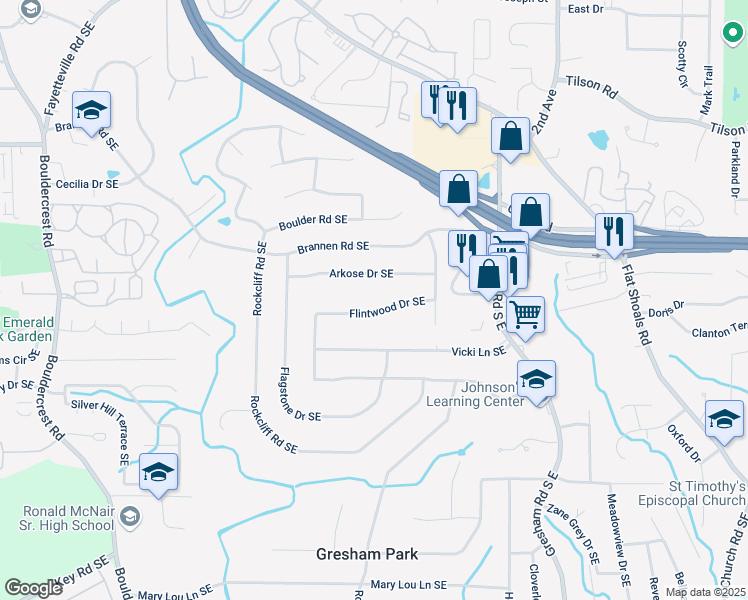 map of restaurants, bars, coffee shops, grocery stores, and more near 1625 Flintwood Drive Southeast in Atlanta