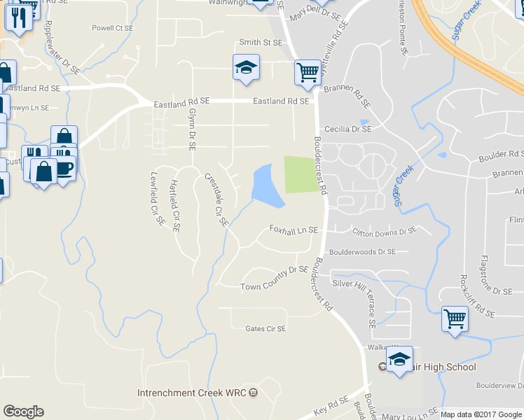 map of restaurants, bars, coffee shops, grocery stores, and more near 1412 Foxhall Lane Southeast in Atlanta
