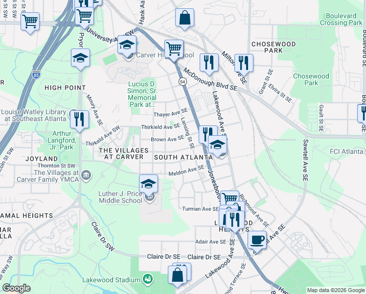 map of restaurants, bars, coffee shops, grocery stores, and more near 37 Park Avenue Southeast in Atlanta