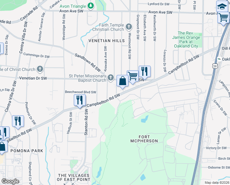 map of restaurants, bars, coffee shops, grocery stores, and more near in Atlanta