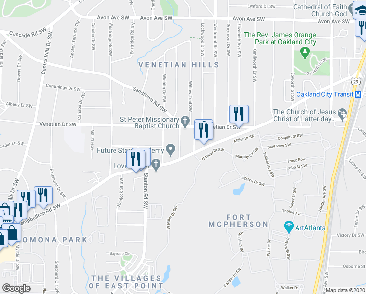 map of restaurants, bars, coffee shops, grocery stores, and more near 1560 Sarah M Harden Drive Southwest in Atlanta