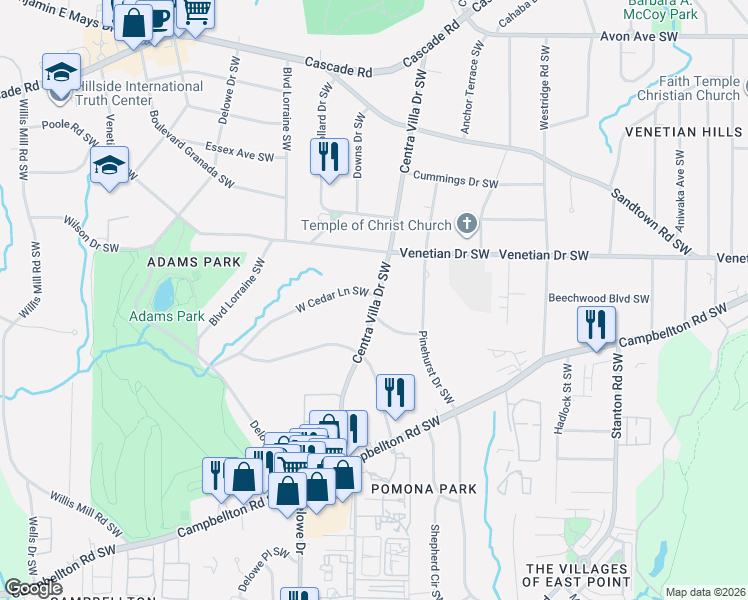 map of restaurants, bars, coffee shops, grocery stores, and more near 1595 Centra Villa Drive Southwest in Atlanta