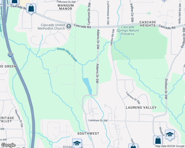 map of restaurants, bars, coffee shops, grocery stores, and more near 1611 Adams Drive Southwest in Atlanta