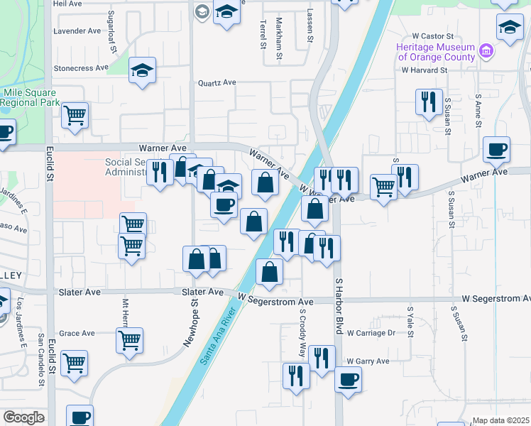 map of restaurants, bars, coffee shops, grocery stores, and more near 17220 Newhope Street in Fountain Valley
