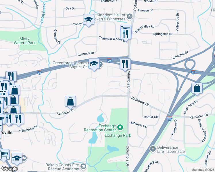 map of restaurants, bars, coffee shops, grocery stores, and more near 3237 Abbeywood Drive in Decatur