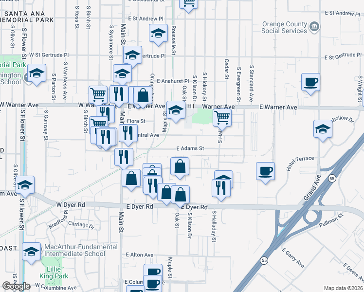 map of restaurants, bars, coffee shops, grocery stores, and more near 426 East Adams Street in Santa Ana
