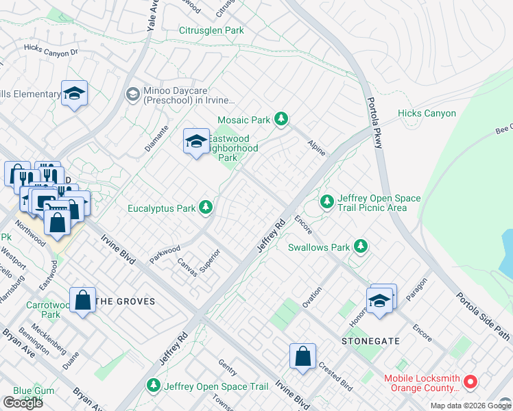 map of restaurants, bars, coffee shops, grocery stores, and more near 71 Tollson in Irvine