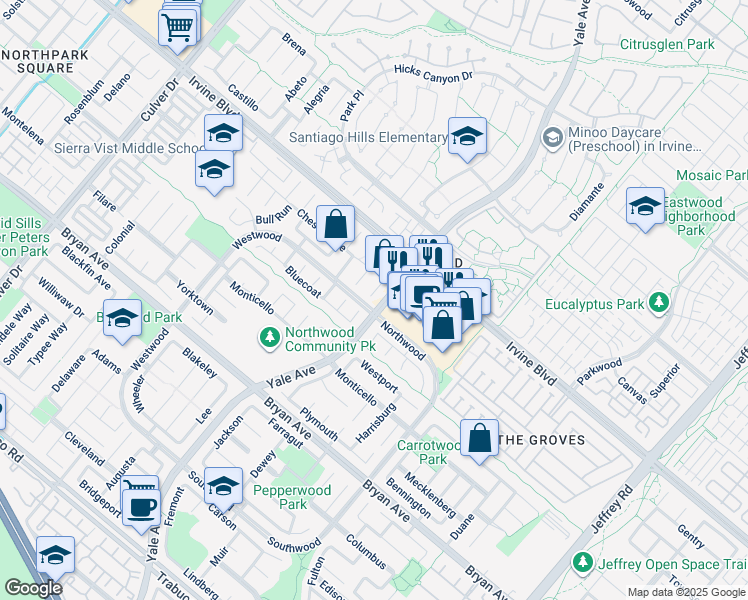 map of restaurants, bars, coffee shops, grocery stores, and more near 27 Atlanta in Irvine