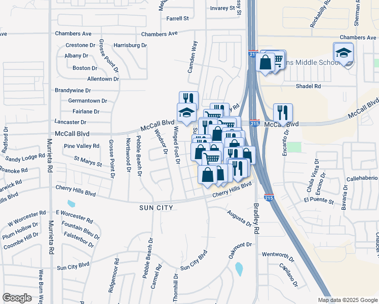 map of restaurants, bars, coffee shops, grocery stores, and more near 27271 Sun City Boulevard in Menifee