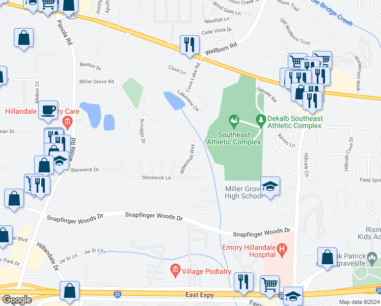 map of restaurants, bars, coffee shops, grocery stores, and more near 2517 Willenhall Way in Lithonia