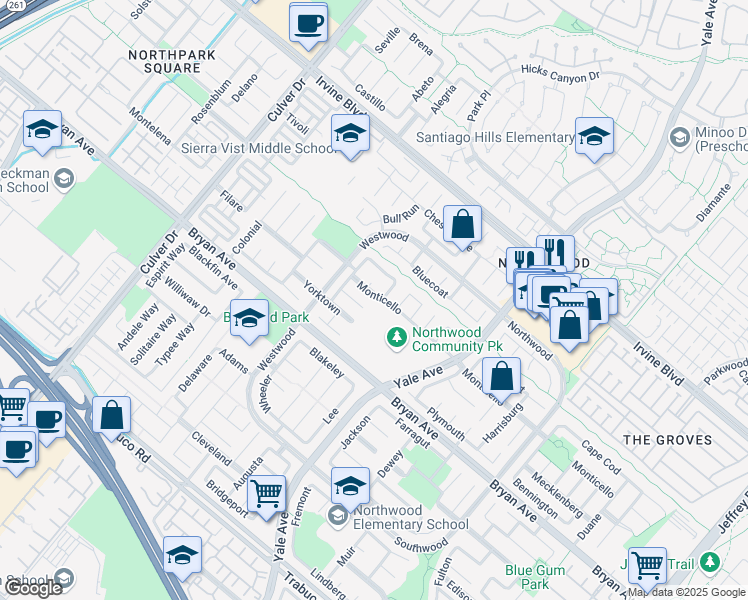 map of restaurants, bars, coffee shops, grocery stores, and more near 115 Monticello in Irvine