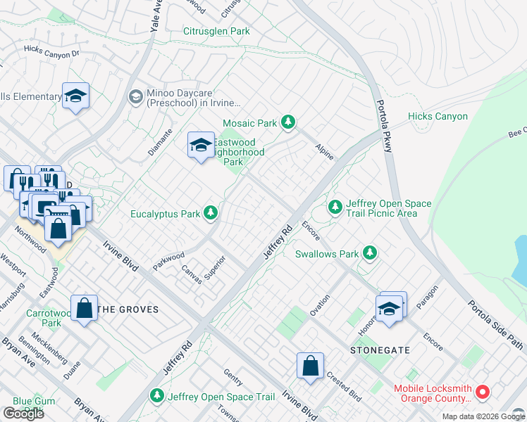 map of restaurants, bars, coffee shops, grocery stores, and more near 71 Tollson in Irvine