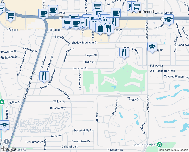 map of restaurants, bars, coffee shops, grocery stores, and more near 46240 Burroweed Lane in Palm Desert