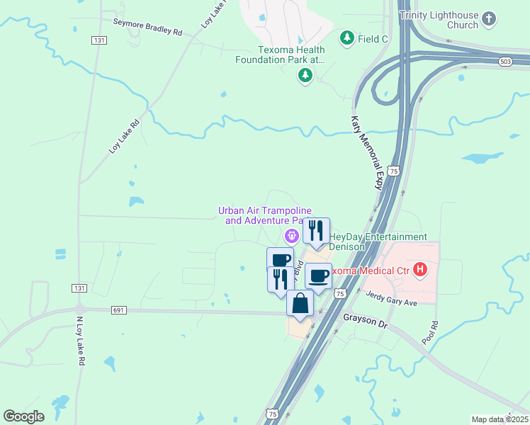 map of restaurants, bars, coffee shops, grocery stores, and more near 3415 Southbend Drive in Denison