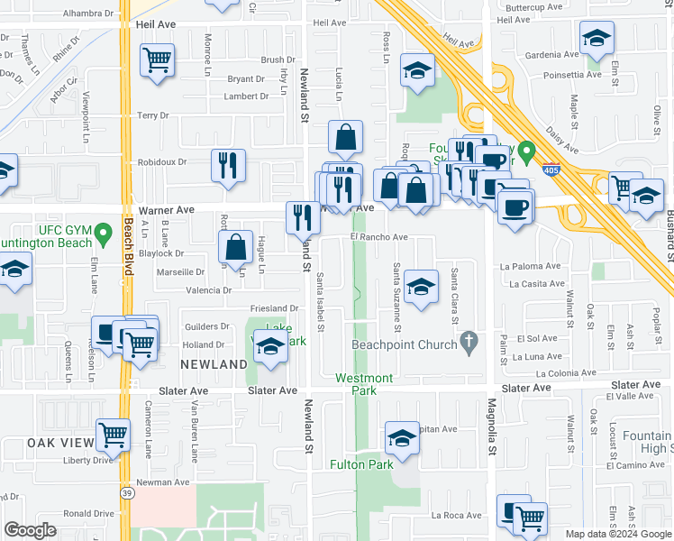 map of restaurants, bars, coffee shops, grocery stores, and more near 17161 Santa Rita Street in Fountain Valley