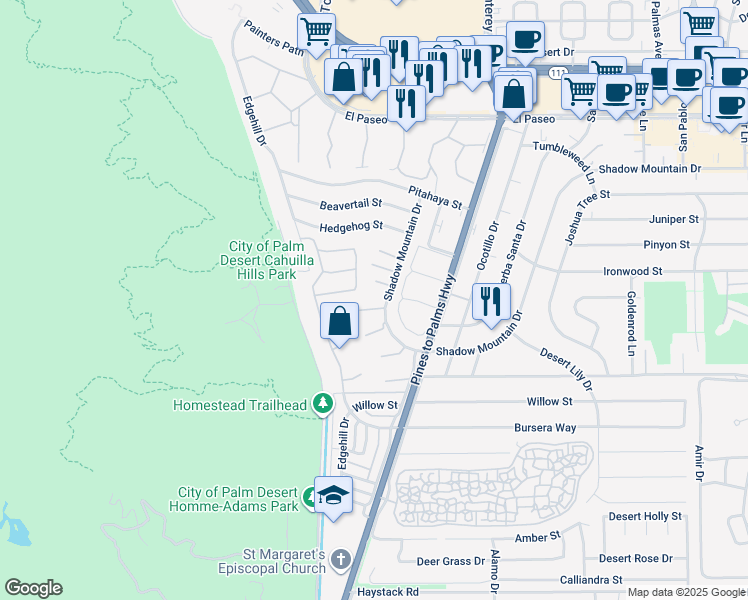 map of restaurants, bars, coffee shops, grocery stores, and more near 72730 Yucca Court in Palm Desert