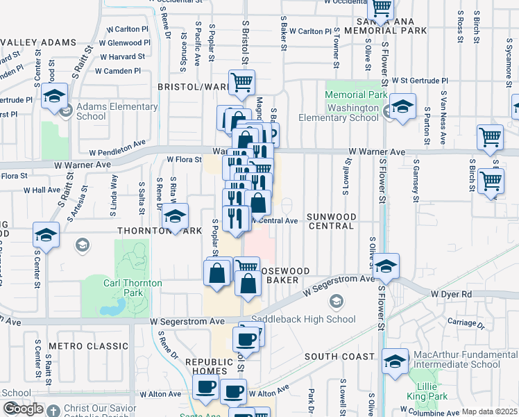 map of restaurants, bars, coffee shops, grocery stores, and more near 2603 South Bristol Street in Santa Ana