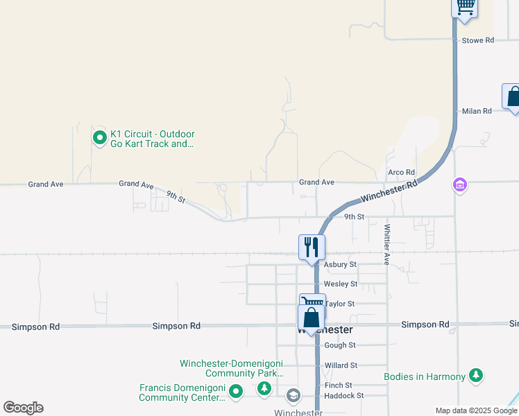 map of restaurants, bars, coffee shops, grocery stores, and more near 32806 9th Street in Winchester