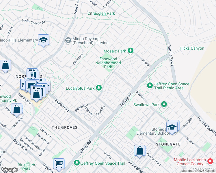map of restaurants, bars, coffee shops, grocery stores, and more near 89 Decker in Irvine