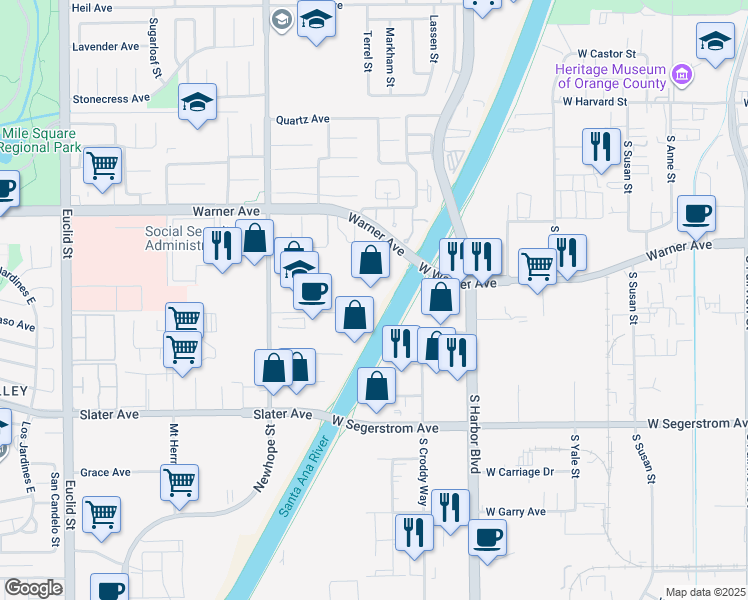 map of restaurants, bars, coffee shops, grocery stores, and more near 17230 Newhope Street in Fountain Valley