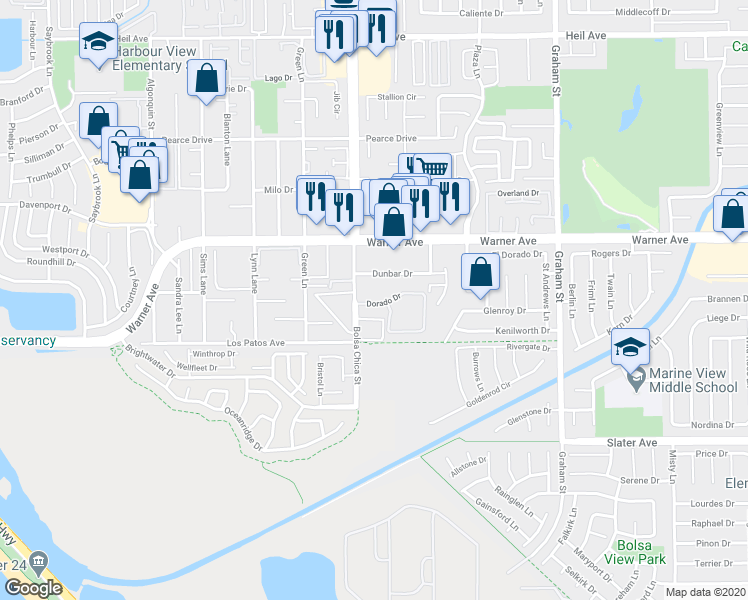map of restaurants, bars, coffee shops, grocery stores, and more near 17172 Bolsa Chica Street in Huntington Beach