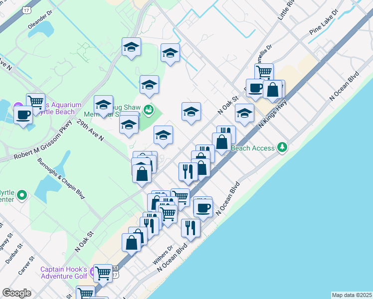 map of restaurants, bars, coffee shops, grocery stores, and more near 520 31st Avenue North in Myrtle Beach
