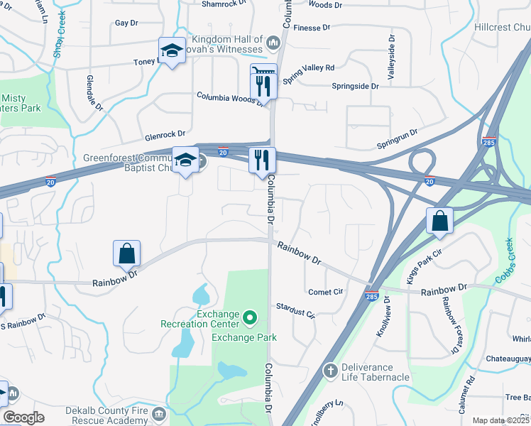 map of restaurants, bars, coffee shops, grocery stores, and more near 3298 Abbeywood Drive in Decatur