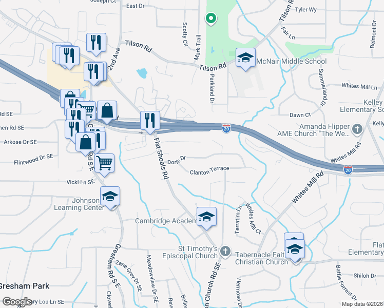 map of restaurants, bars, coffee shops, grocery stores, and more near 2181 Doris Drive in Decatur