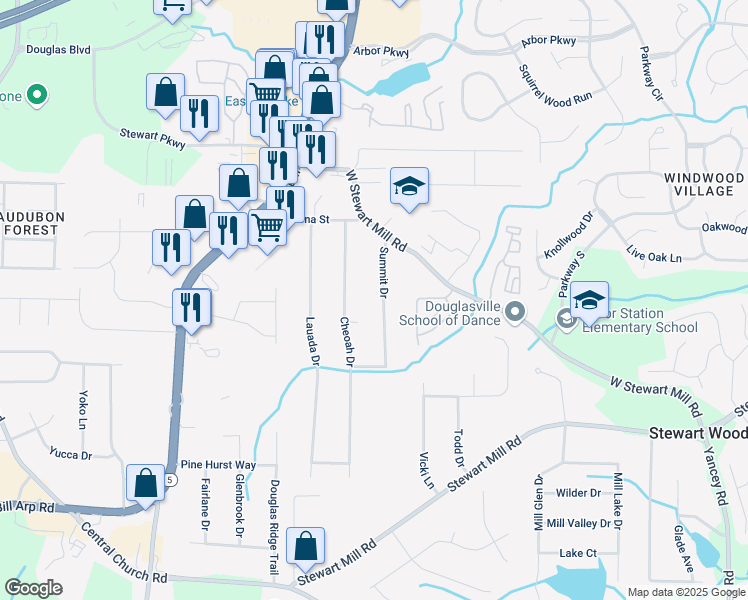 map of restaurants, bars, coffee shops, grocery stores, and more near 3894 Summit Drive in Douglasville