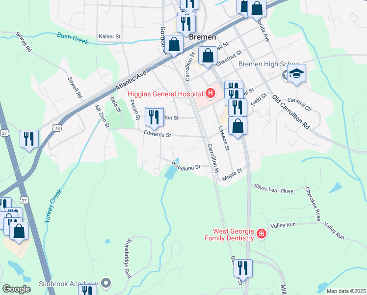 map of restaurants, bars, coffee shops, grocery stores, and more near 312 Hudson Street in Bremen