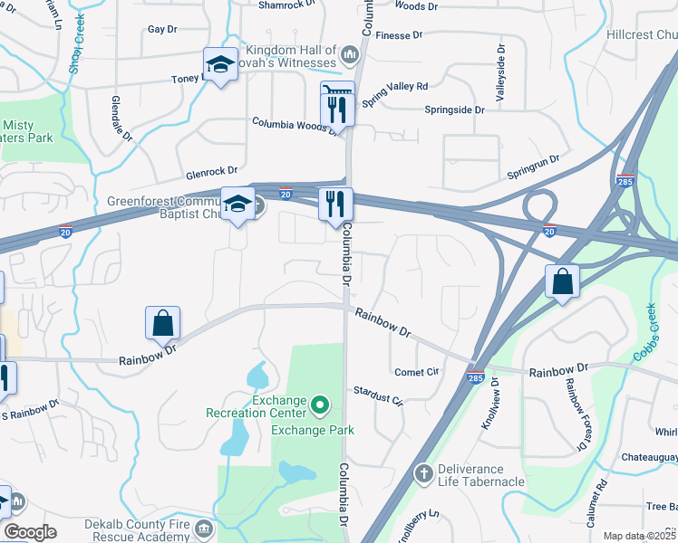 map of restaurants, bars, coffee shops, grocery stores, and more near 3298 Abbeywood Drive in Decatur