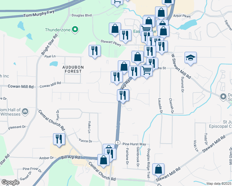 map of restaurants, bars, coffee shops, grocery stores, and more near 3417 Georgia 5 in Douglasville