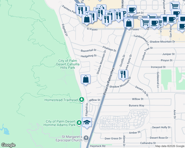 map of restaurants, bars, coffee shops, grocery stores, and more near 72710 Yucca Court in Palm Desert