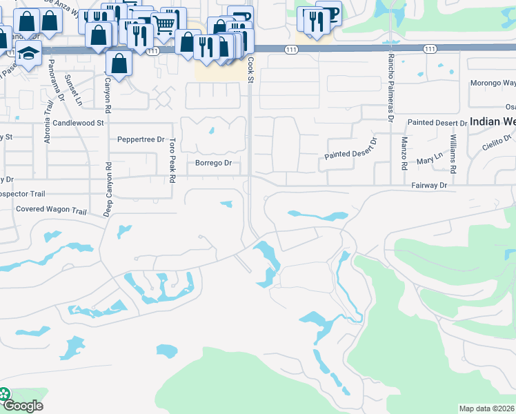map of restaurants, bars, coffee shops, grocery stores, and more near 75132 Pepperwood Drive in Indian Wells
