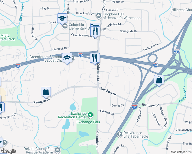 map of restaurants, bars, coffee shops, grocery stores, and more near 3342 Rainbow Drive in Decatur