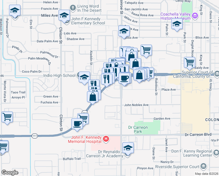 map of restaurants, bars, coffee shops, grocery stores, and more near 81939 California 111 in Indio
